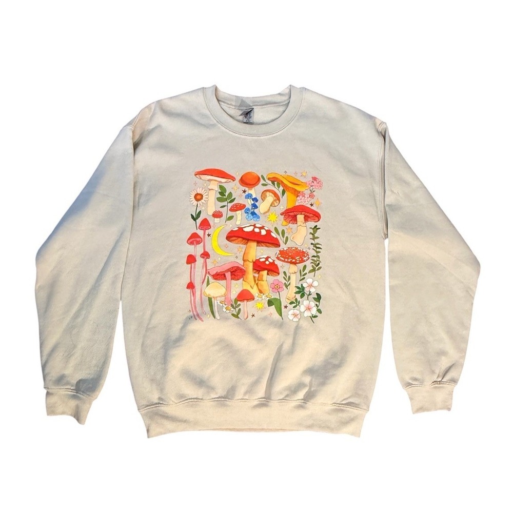 Gilden Mushroom Print Jersey Sweatshirt Whimsical Fairycore Granola Girl Medium